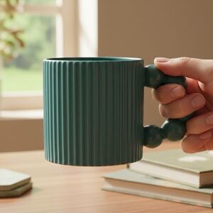 Elegant Teal Ribbed Ceramic Mug with Unique Beaded Handle – 18oz Large Coffee